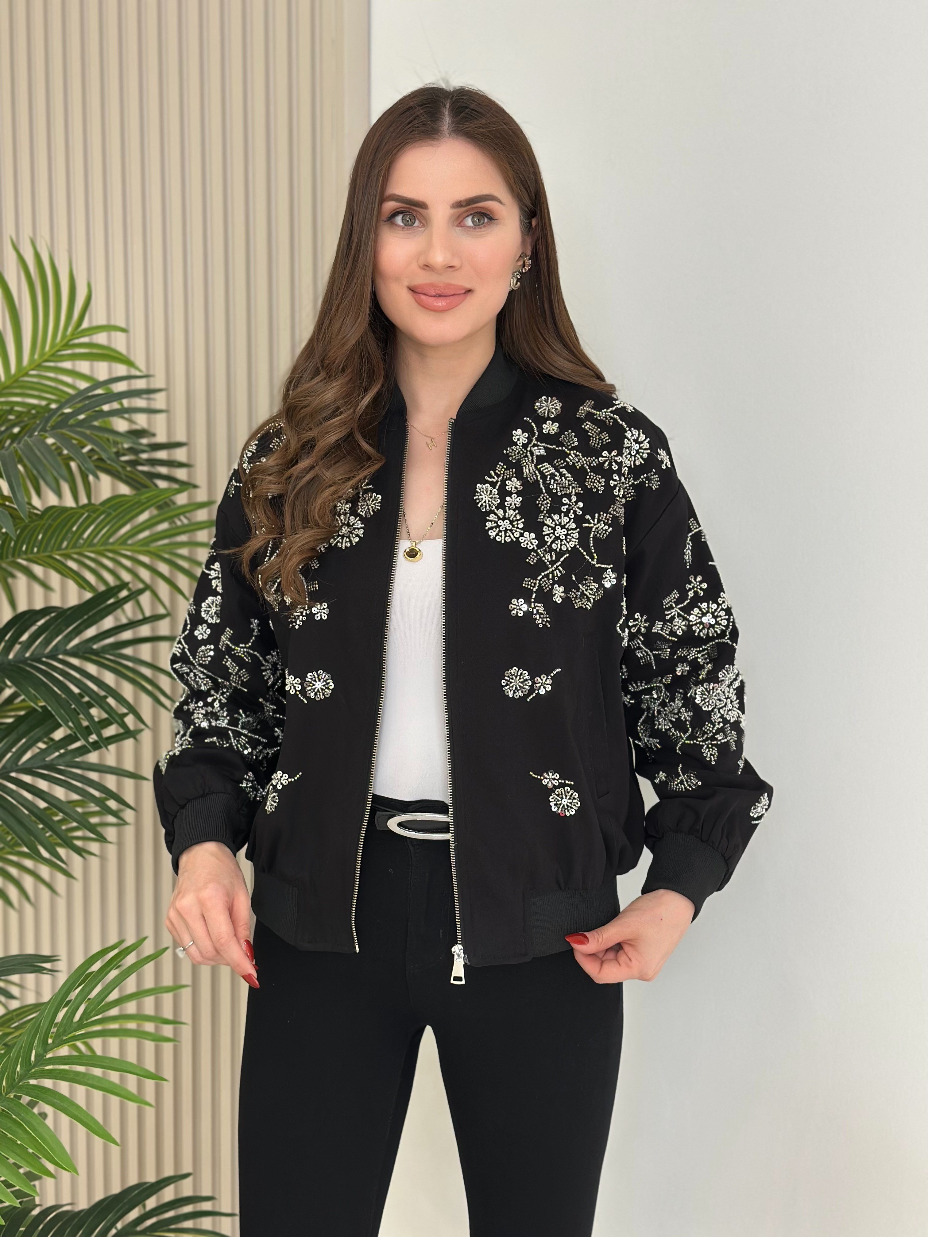 Üzeri Full Taşlı İpky Model Bomber Mont Siyah