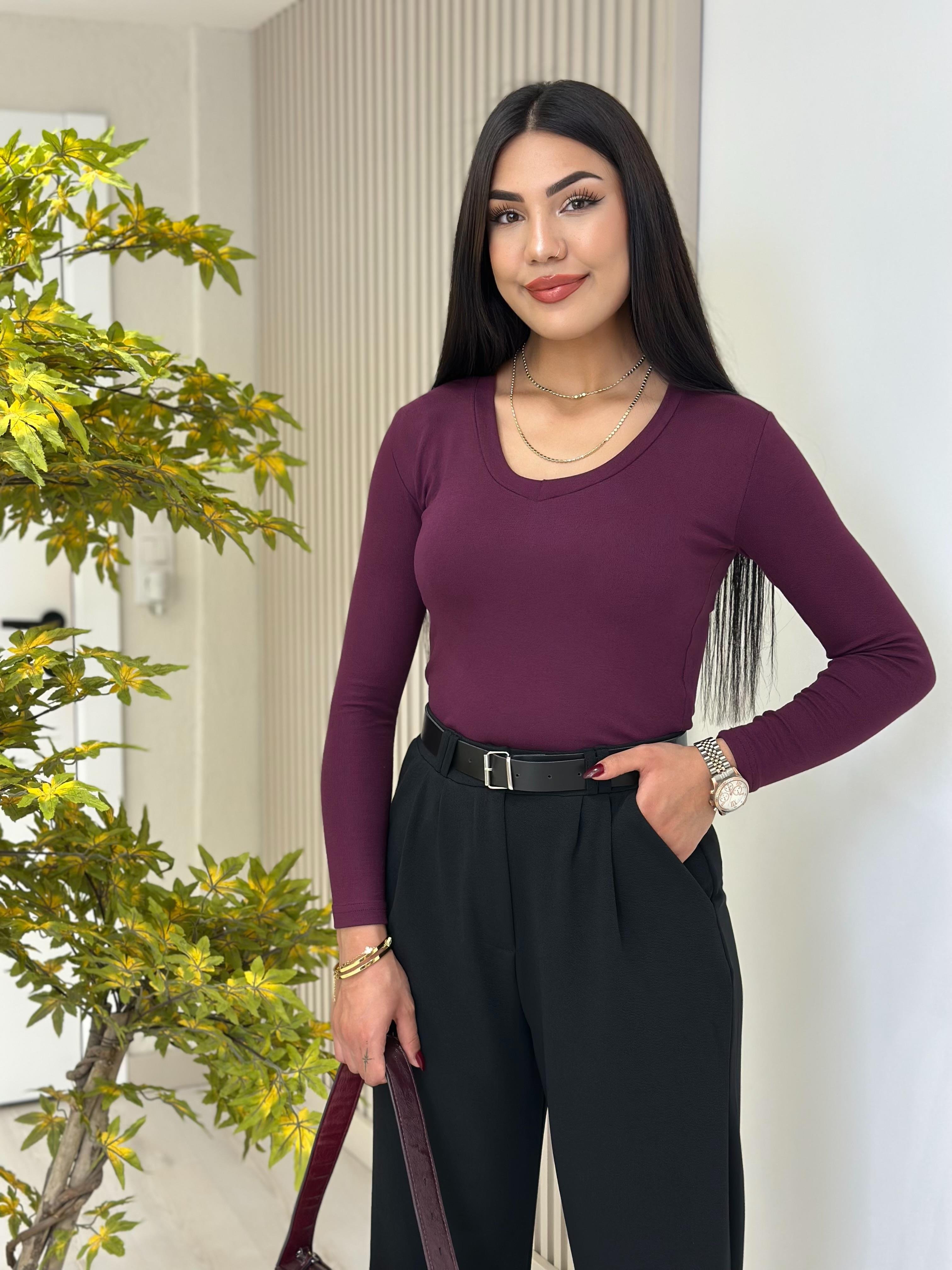 V Yaka Basıc Bluz Mürdüm