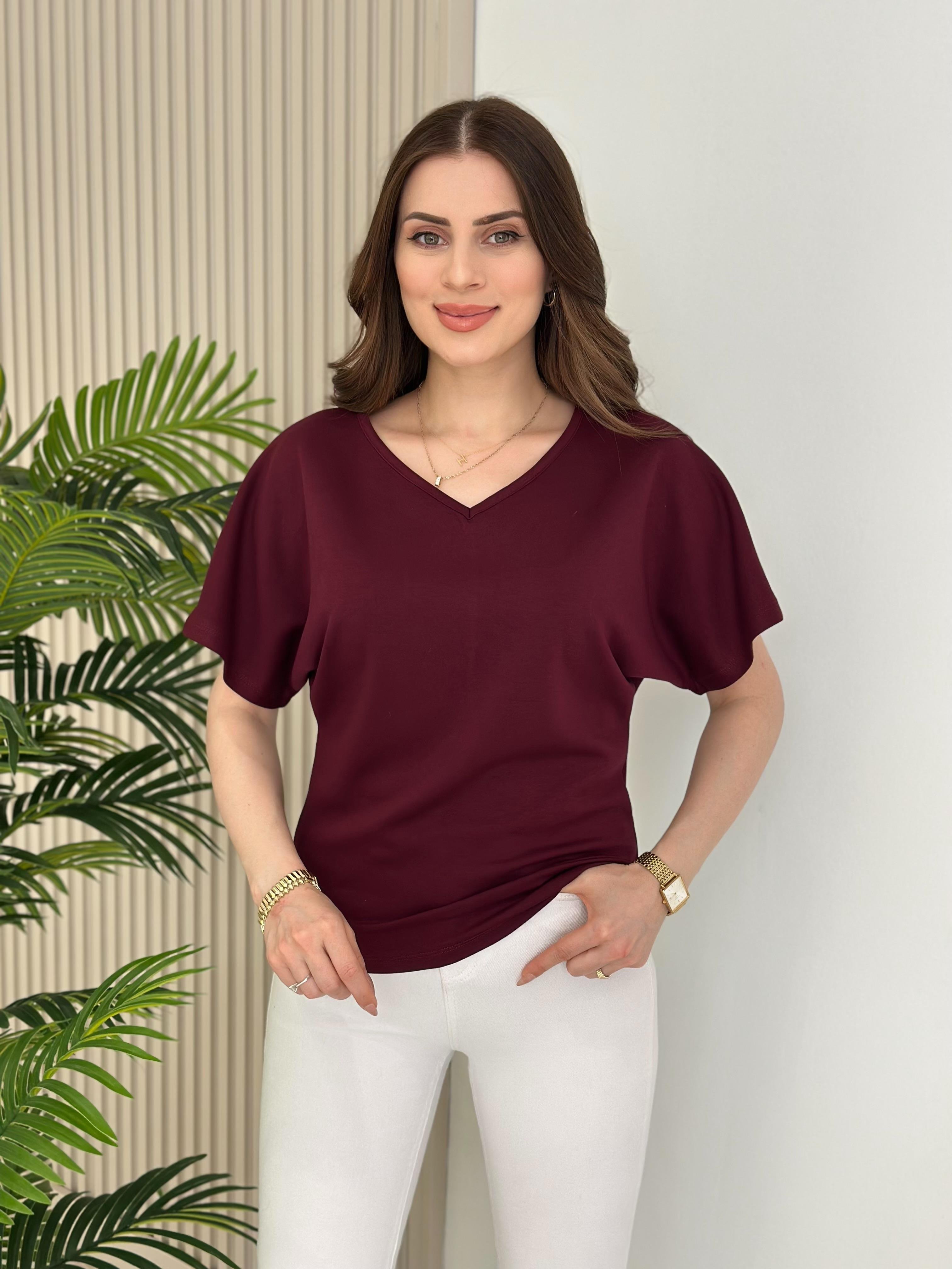 V Yaka Kısa Kollu Modal Tshirt Mürdüm