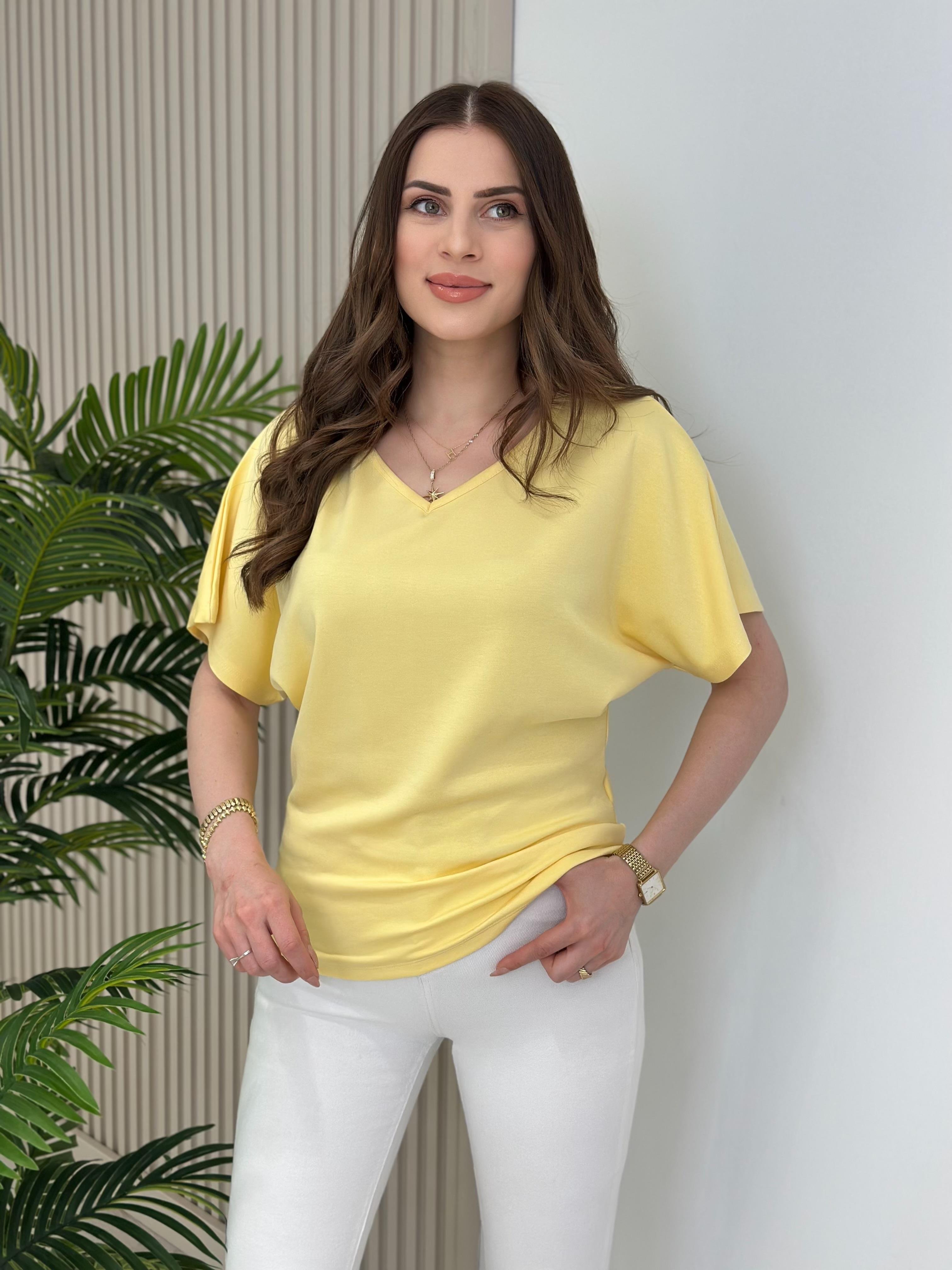 V Yaka Kısa Kollu Modal Tshirt Sarı