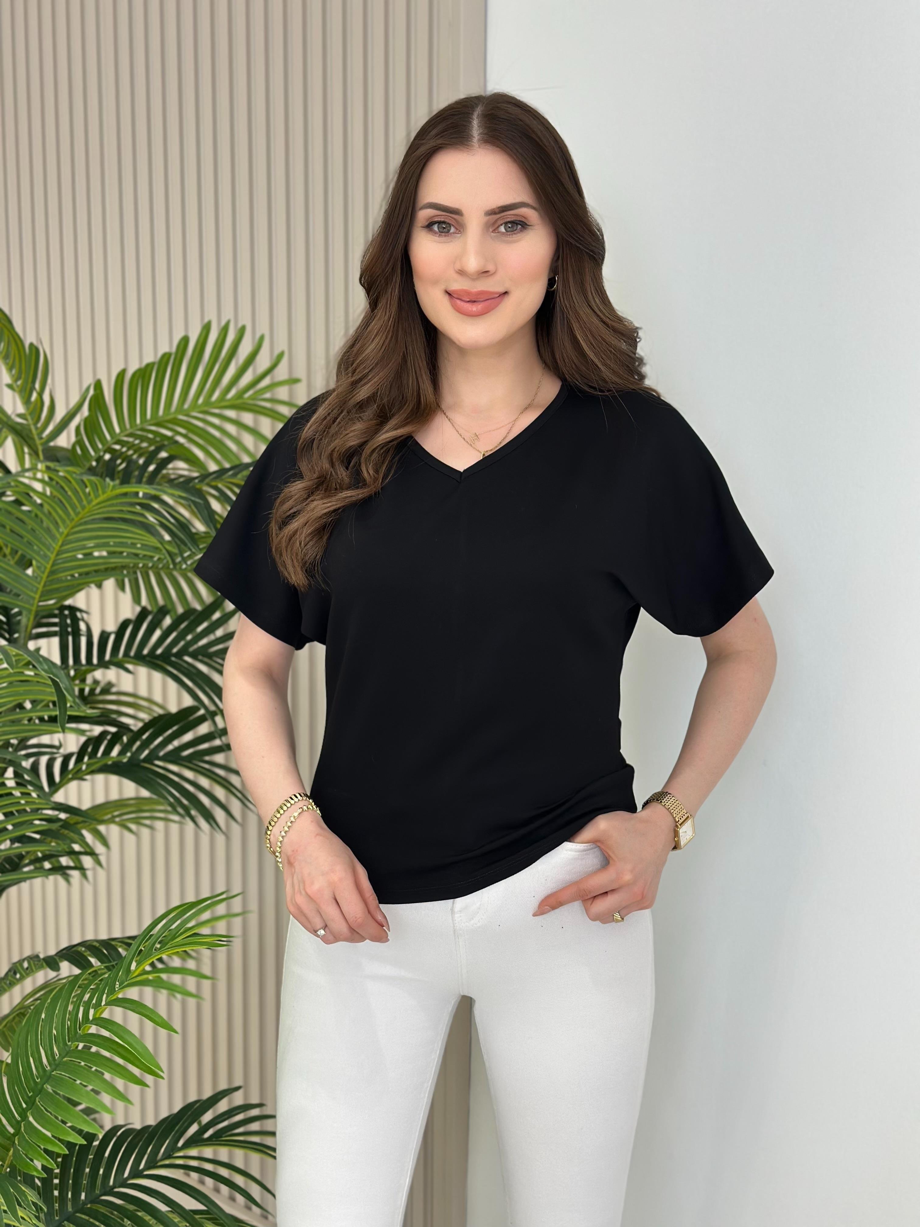 V Yaka Kısa Kollu Modal Tshirt Siyah