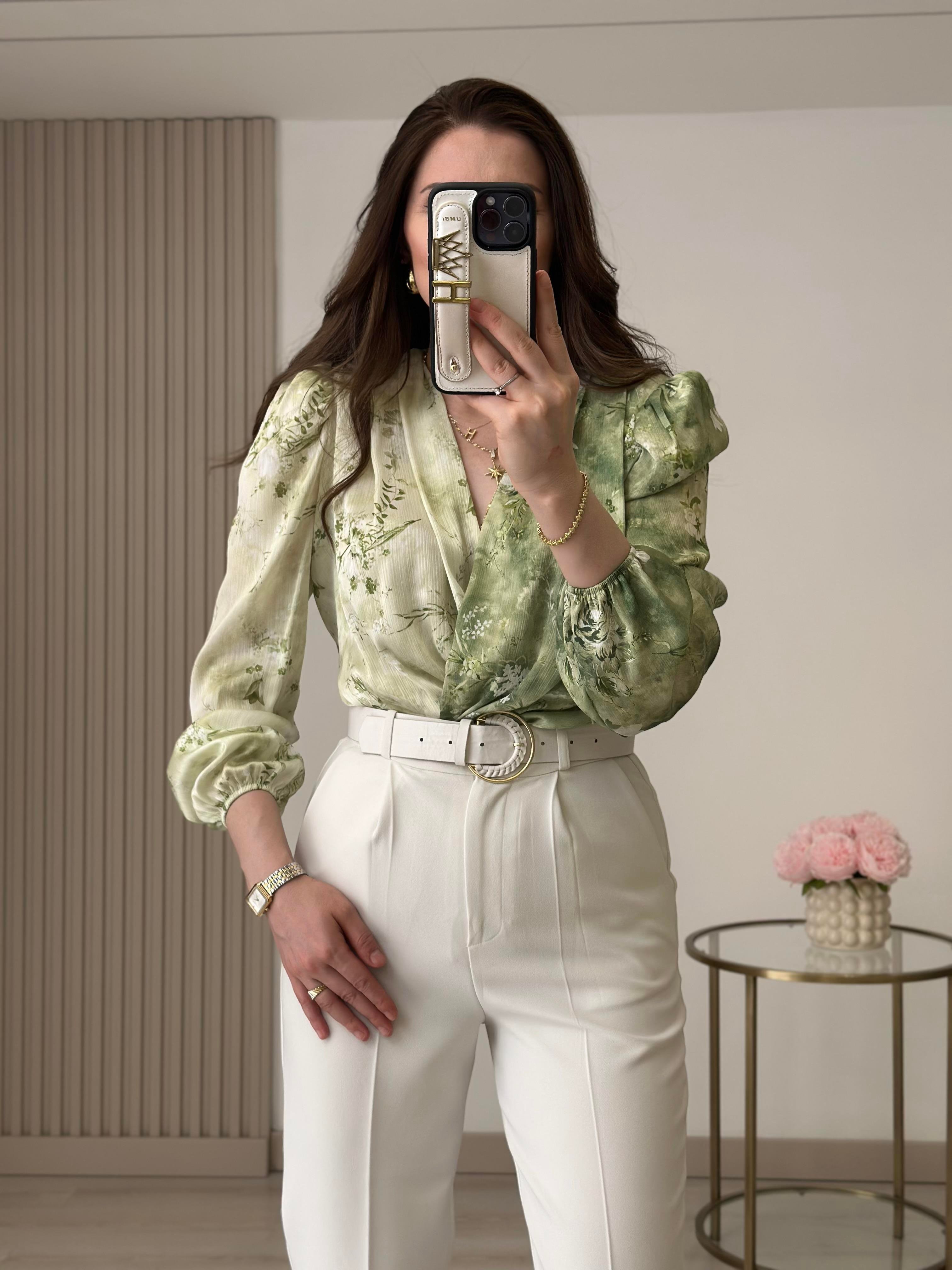 Yeşil Desenli İpek Krep Bodysuit