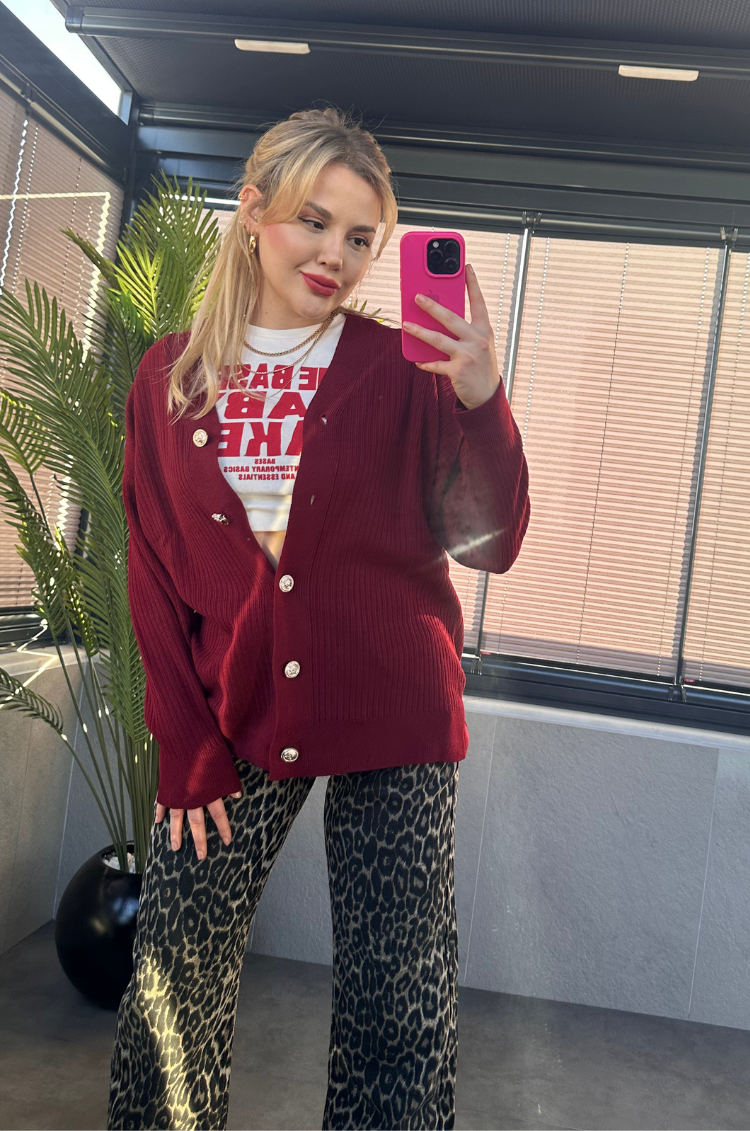 Açık Bordo Fitilli Oversize Basic Örme Hırka