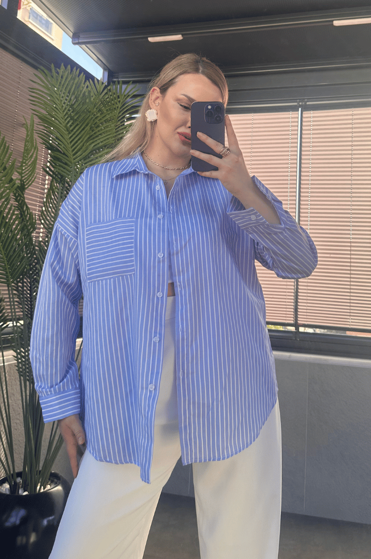Açık Mavi Tek Cepli Çizgili Oversize Modal Gömlek