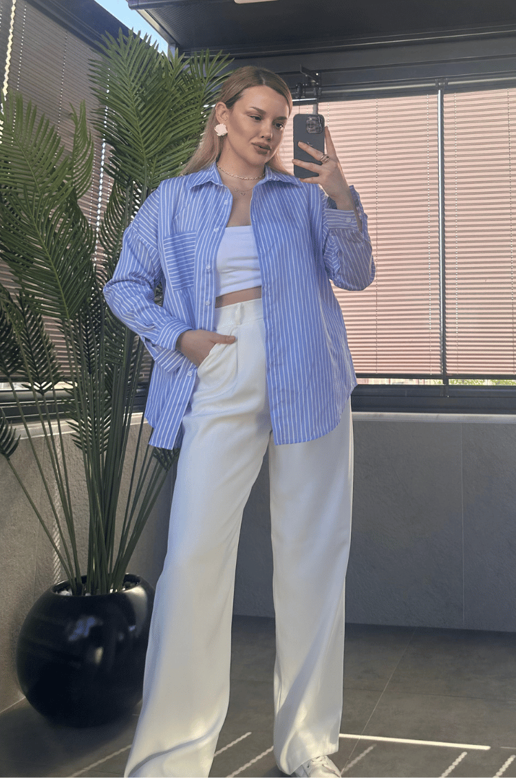 Açık Mavi Tek Cepli Çizgili Oversize Modal Gömlek