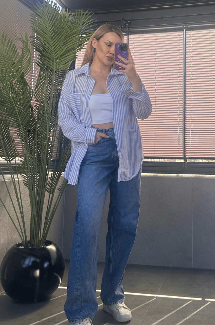 Açık Mavi Tek Cepli Çizgili Oversize Modal Keten Gömlek