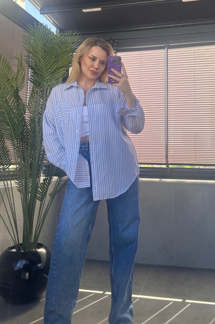 Açık Mavi Tek Cepli Çizgili Oversize Modal Keten Gömlek