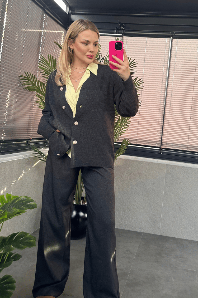 Antrasit Gri Fitilli Oversize Basic Örme Hırka