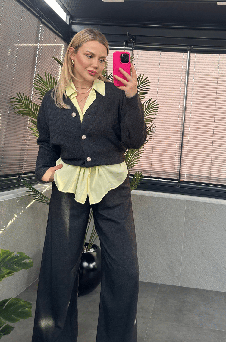 Antrasit Gri Fitilli Oversize Basic Örme Hırka