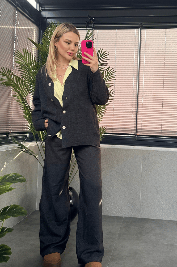 Antrasit Gri Fitilli Oversize Basic Örme Hırka