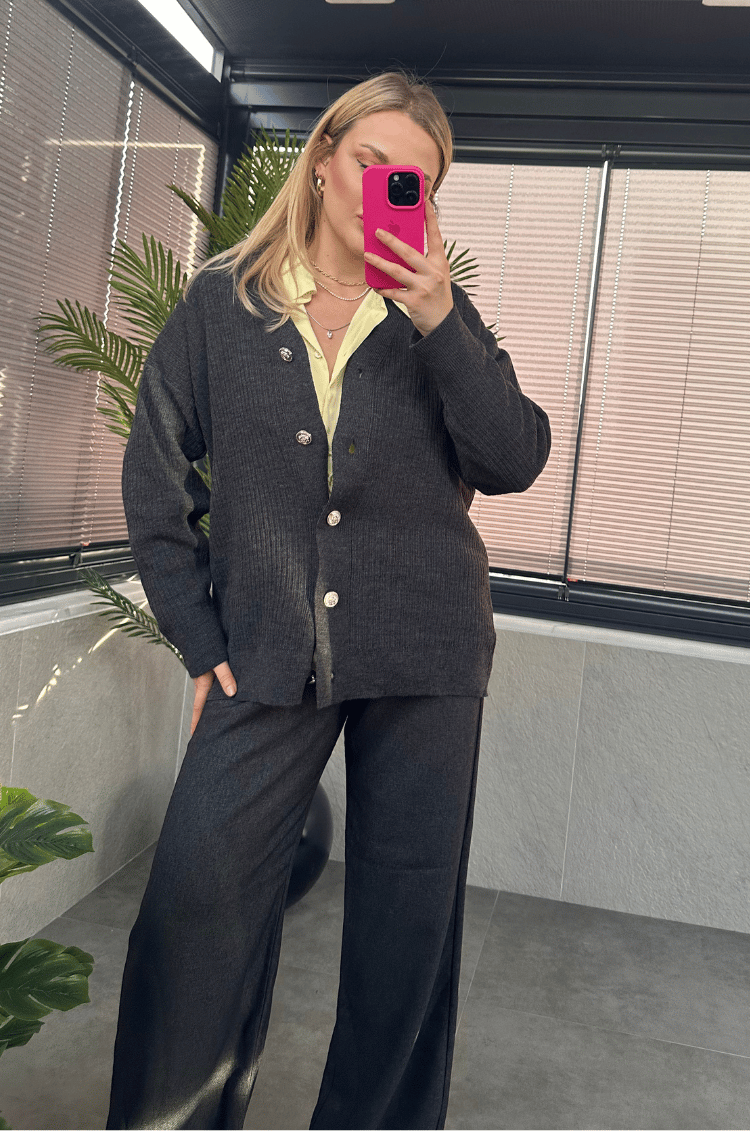 Antrasit Gri Fitilli Oversize Basic Örme Hırka