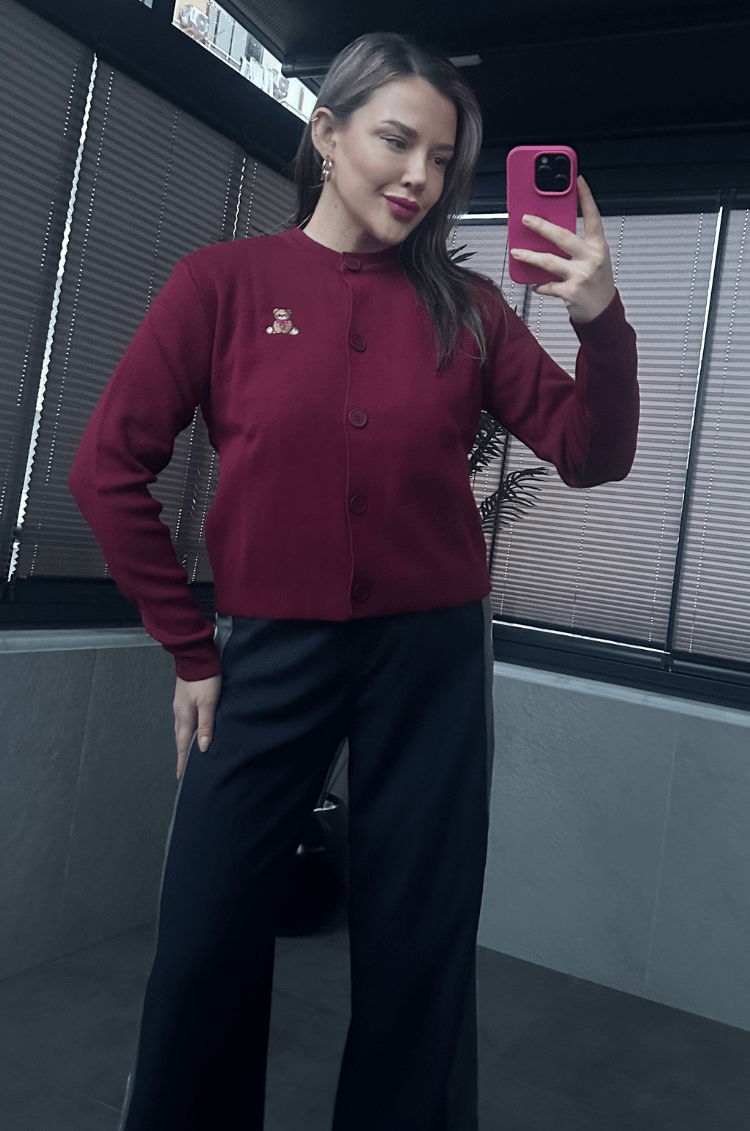 Ayıcık Detaylı Bordo Kısa Triko Hırka