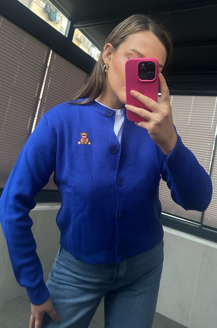 Ayıcık Detaylı Saks Mavi Kısa Triko Hırka
