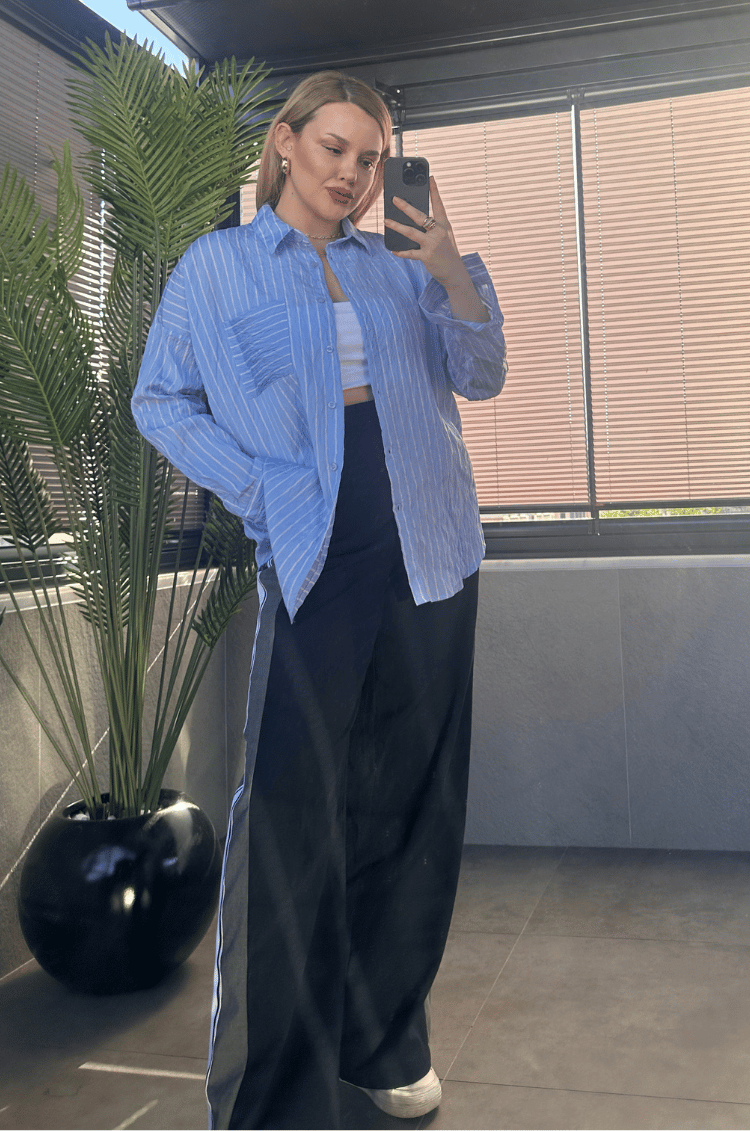 Bebe Mavisi Tek Cepli Çizgili Oversize Modal Gömlek