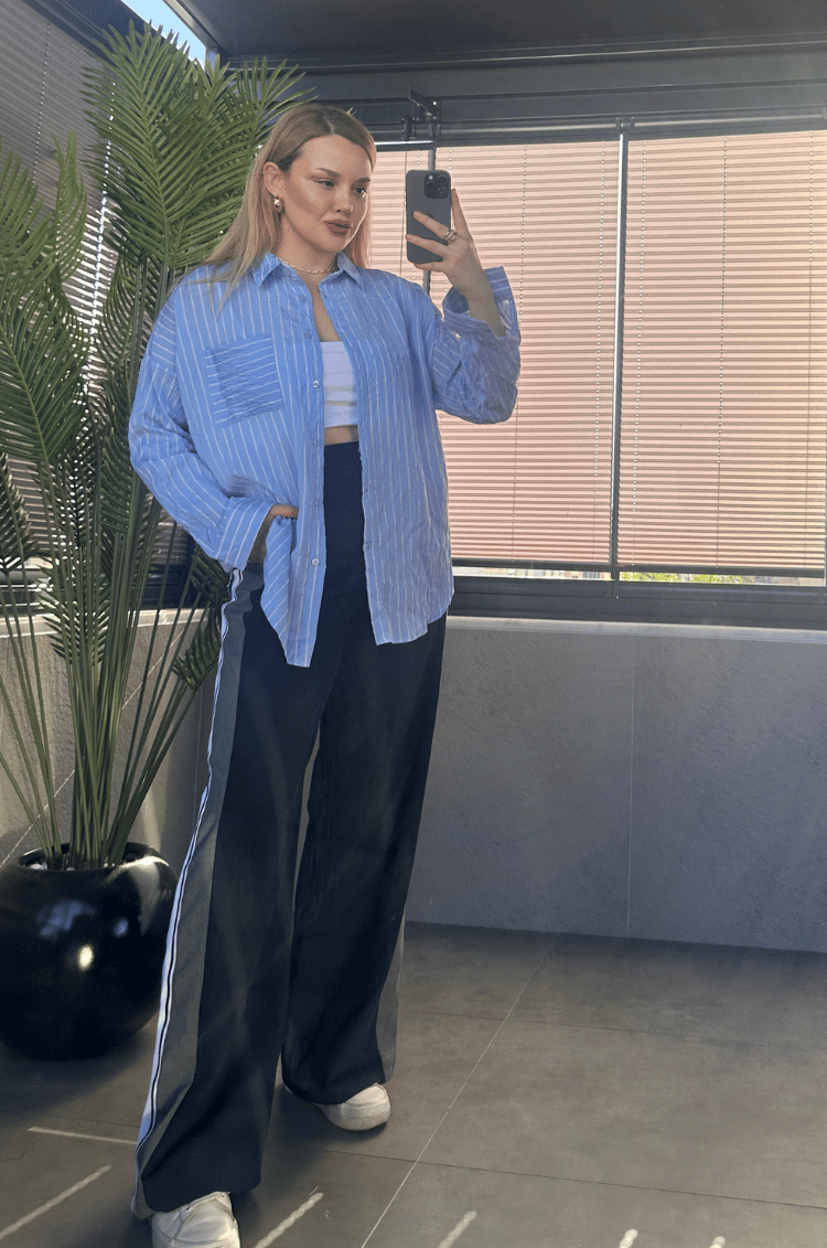Bebe Mavisi Tek Cepli Çizgili Oversize Modal Gömlek