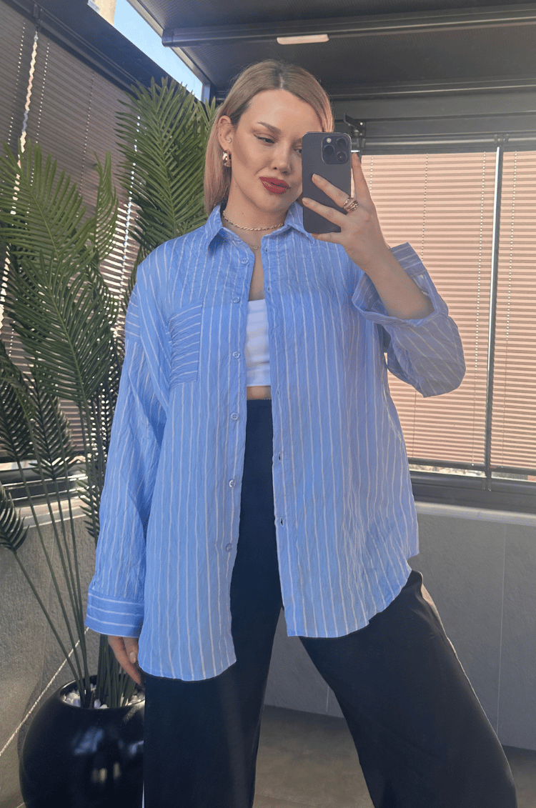 Bebe Mavisi Tek Cepli Çizgili Oversize Modal Gömlek