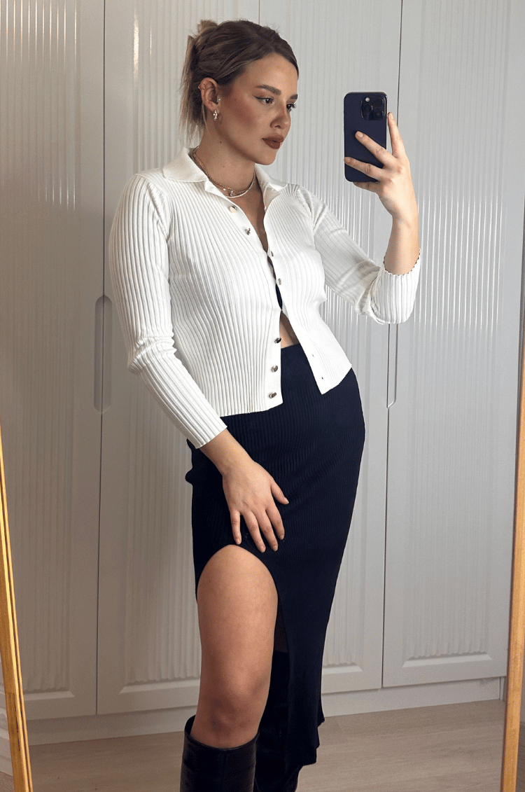Beyaz Fitilli Likralı İnce Triko