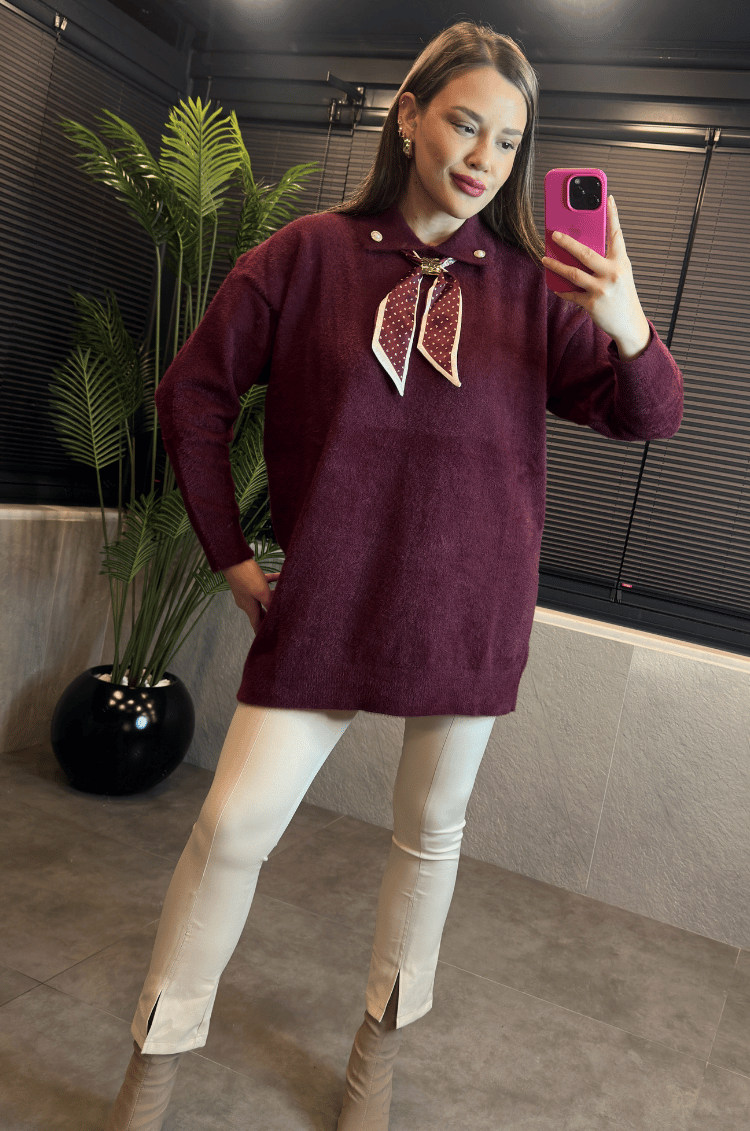 Bordo Fular Detaylı Oversize Yumoş Kazak
