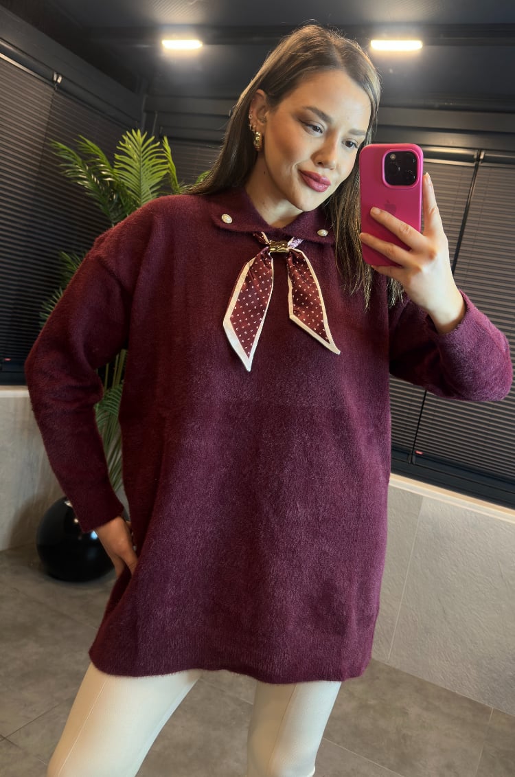 Bordo Fular Detaylı Oversize Yumoş Kazak