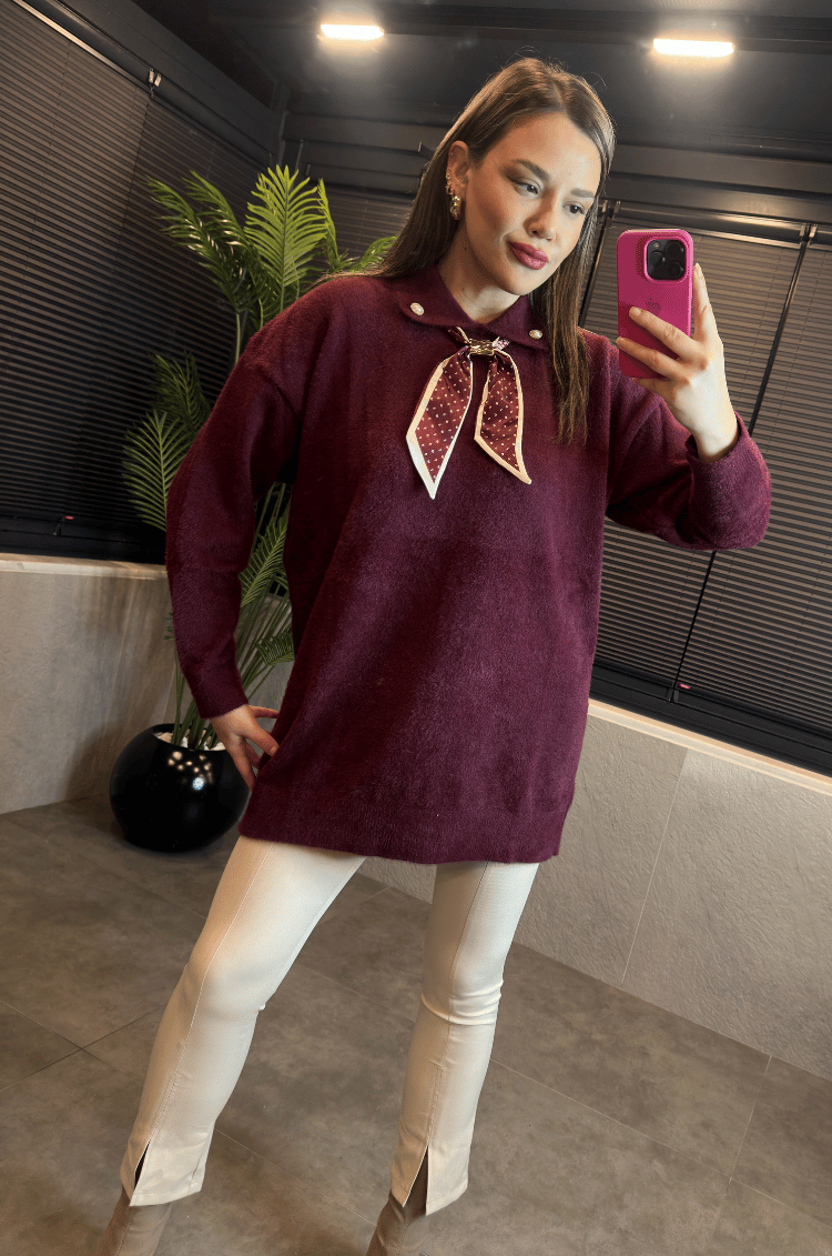 Bordo Fular Detaylı Oversize Yumoş Kazak