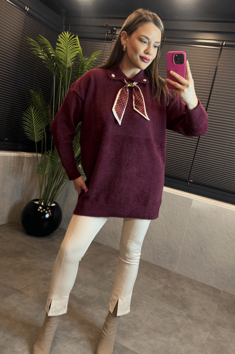 Bordo Fular Detaylı Oversize Yumoş Kazak