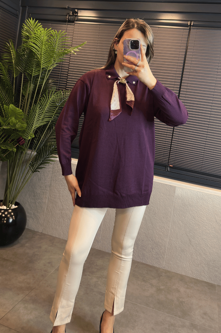Bordo Fularlı Oversize Merserize Kazak