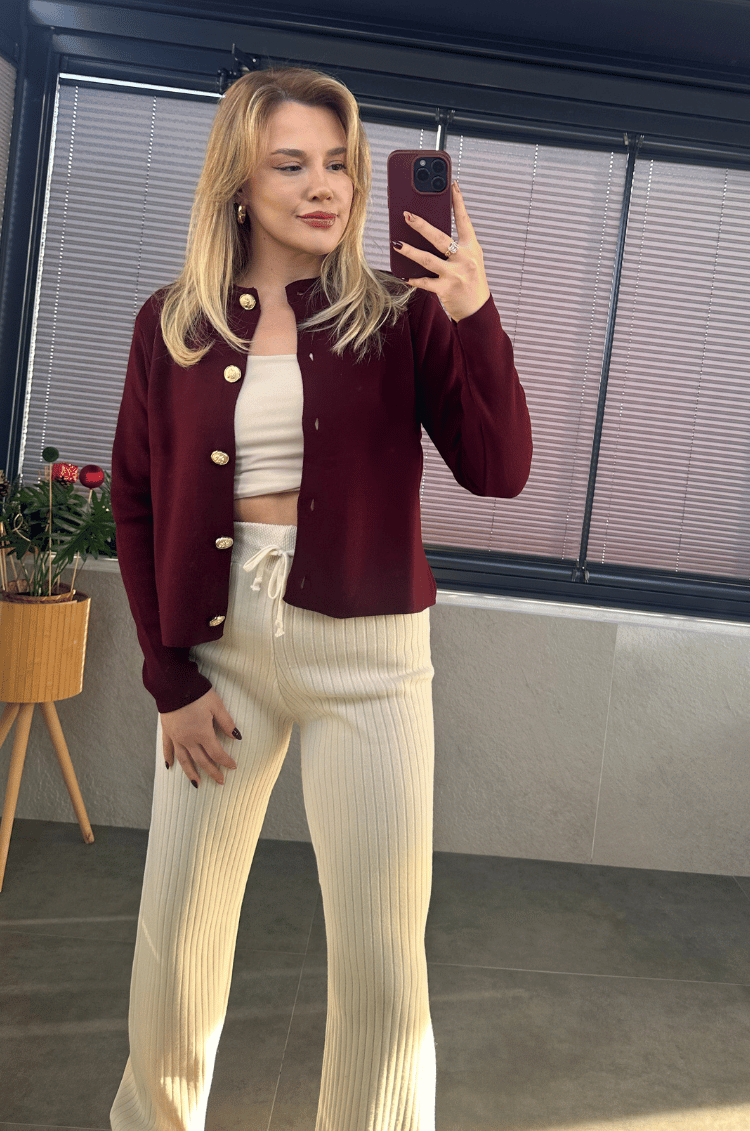 Bordo Gold Düğmeli Hırka