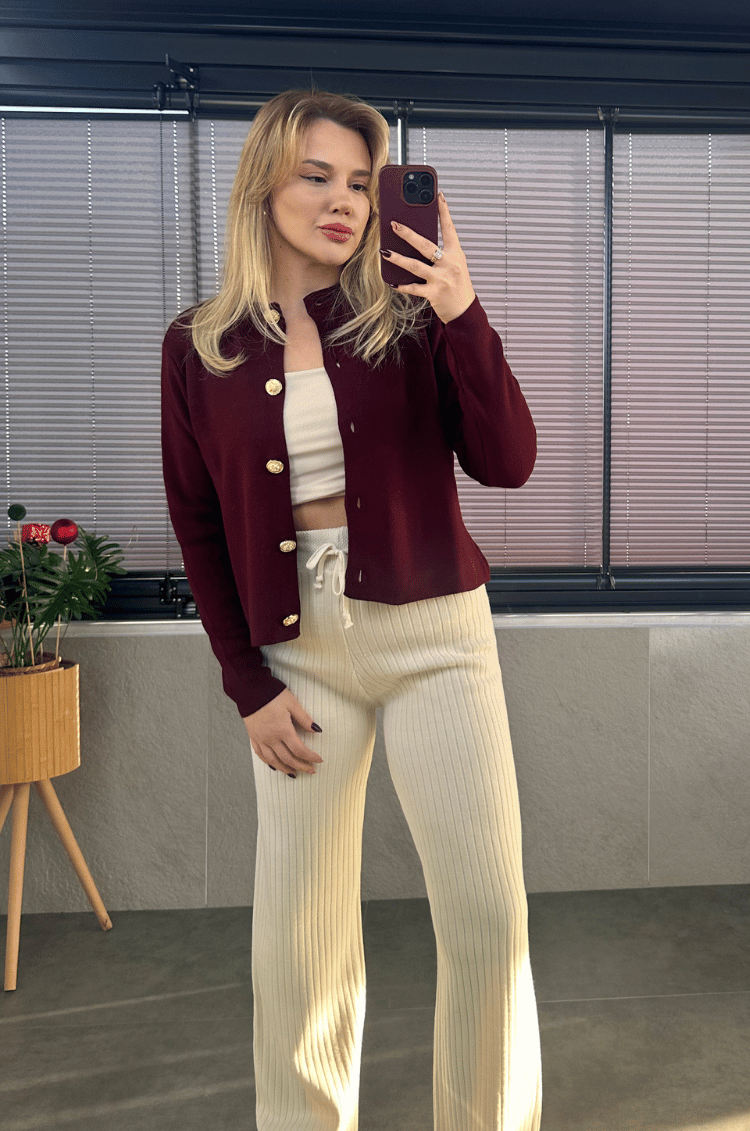 Bordo Gold Düğmeli Hırka