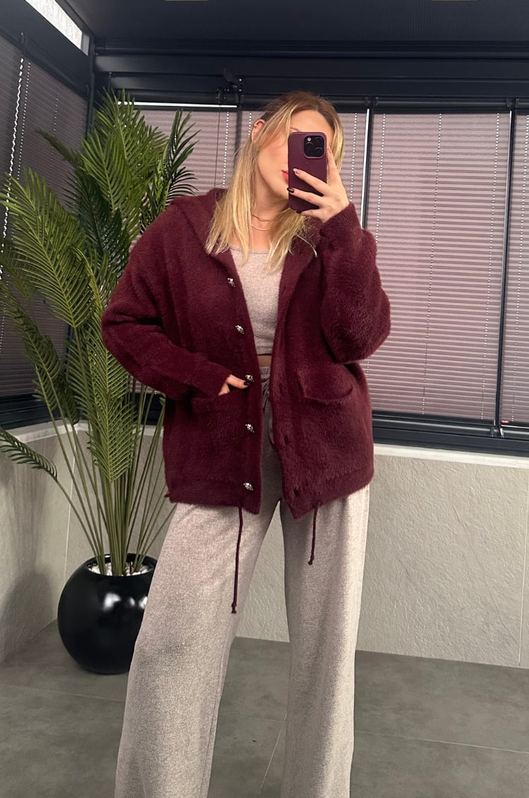 Bordo Kapüşonlu Cep Detaylı Peluş Hırka
