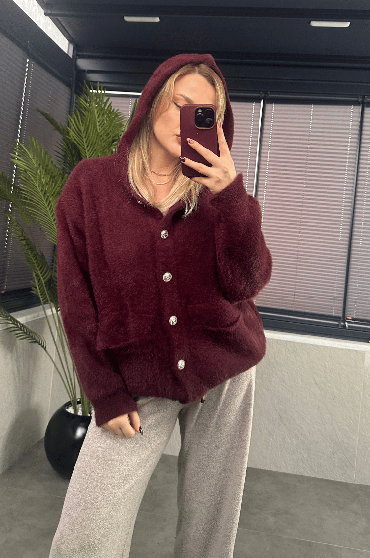 Bordo Kapüşonlu Cep Detaylı Peluş Hırka