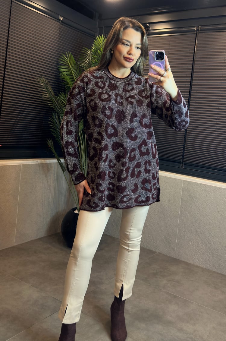 Bordo Leopar Desenli Simli Kazak