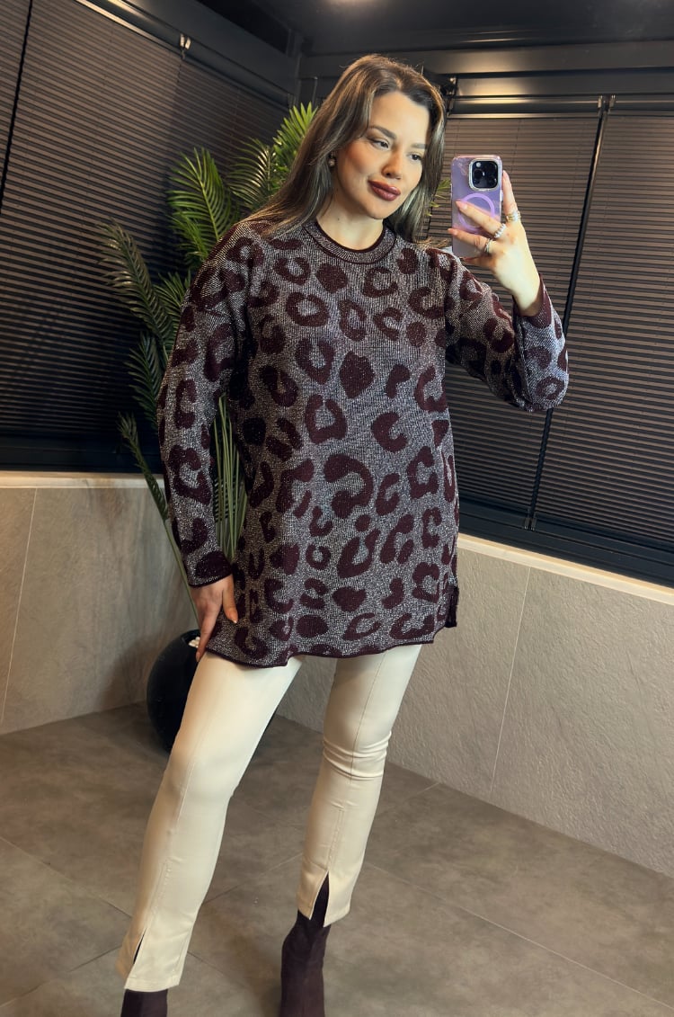 Bordo Leopar Desenli Simli Kazak