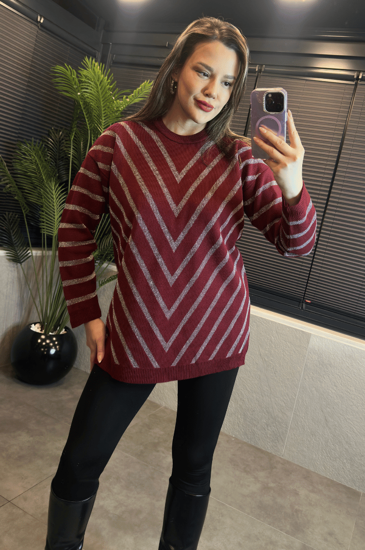 Bordo Simli Bisiklet Yaka Oversize Uzun Kazak