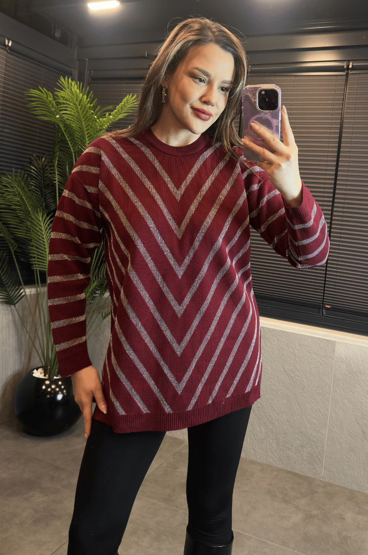 Bordo Simli Bisiklet Yaka Oversize Uzun Kazak