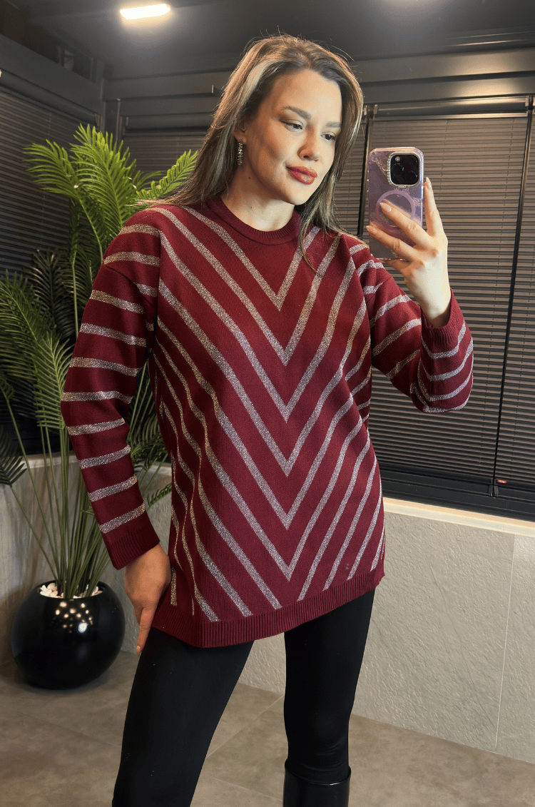 Bordo Simli Bisiklet Yaka Oversize Uzun Kazak