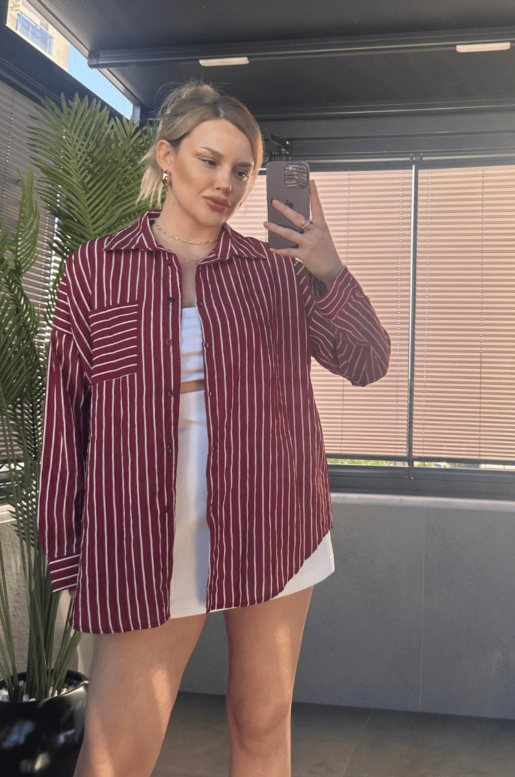 Bordo Tek Cepli Çizgili Oversize Modal Gömlek