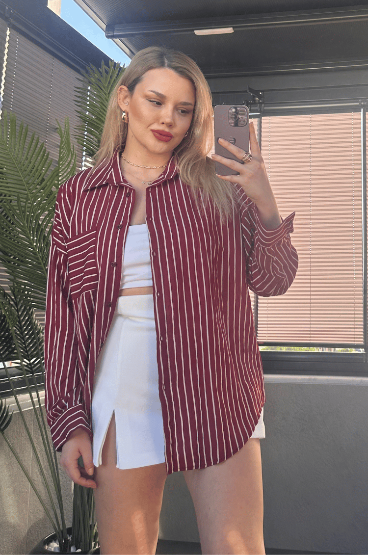 Bordo Tek Cepli Çizgili Oversize Modal Gömlek