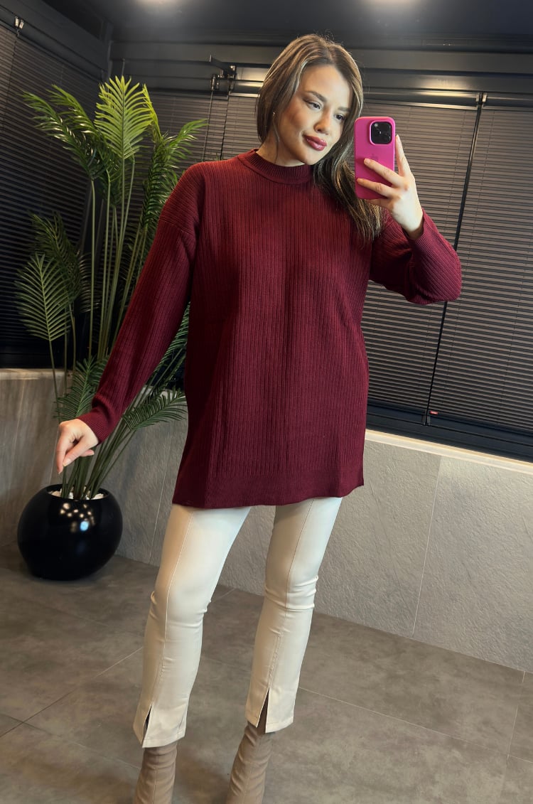 Bordo Yarı Boğazlı Fitilli Oversize Kazak 