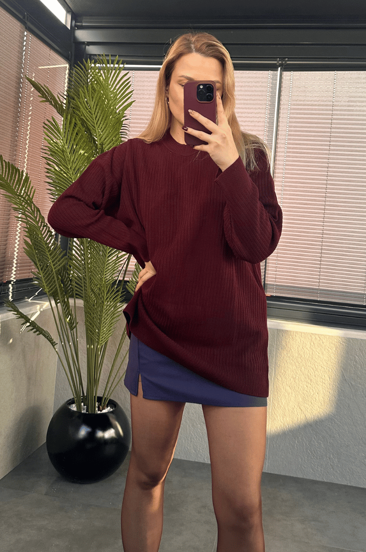 Bordo Yarı Boğazlı Fitilli Oversize Kazak