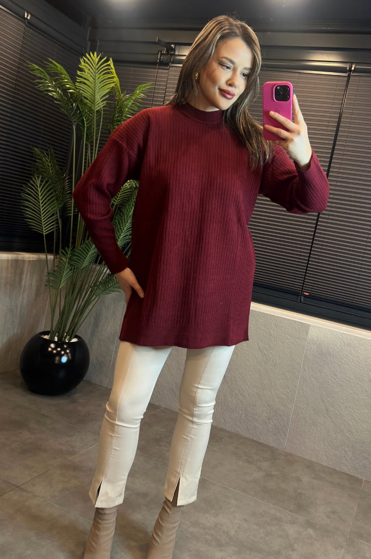 Bordo Yarı Boğazlı Fitilli Oversize Kazak 