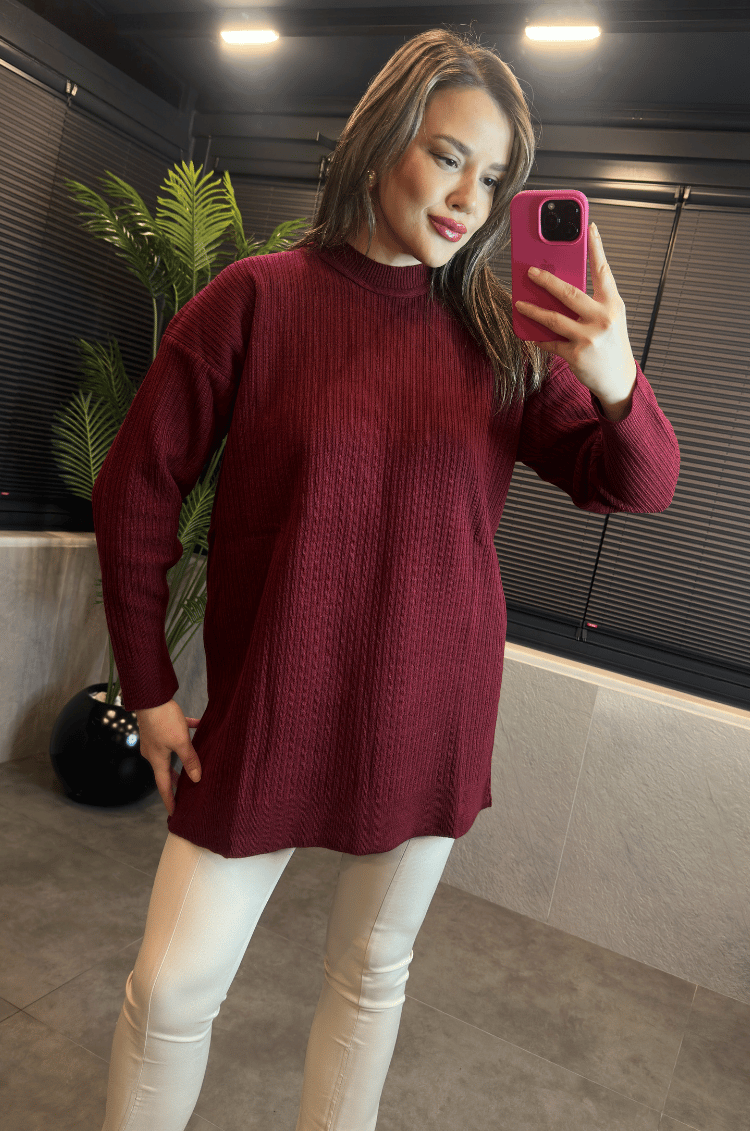 Bordo Yarı Boğazlı Fitilli Oversize Kazak 