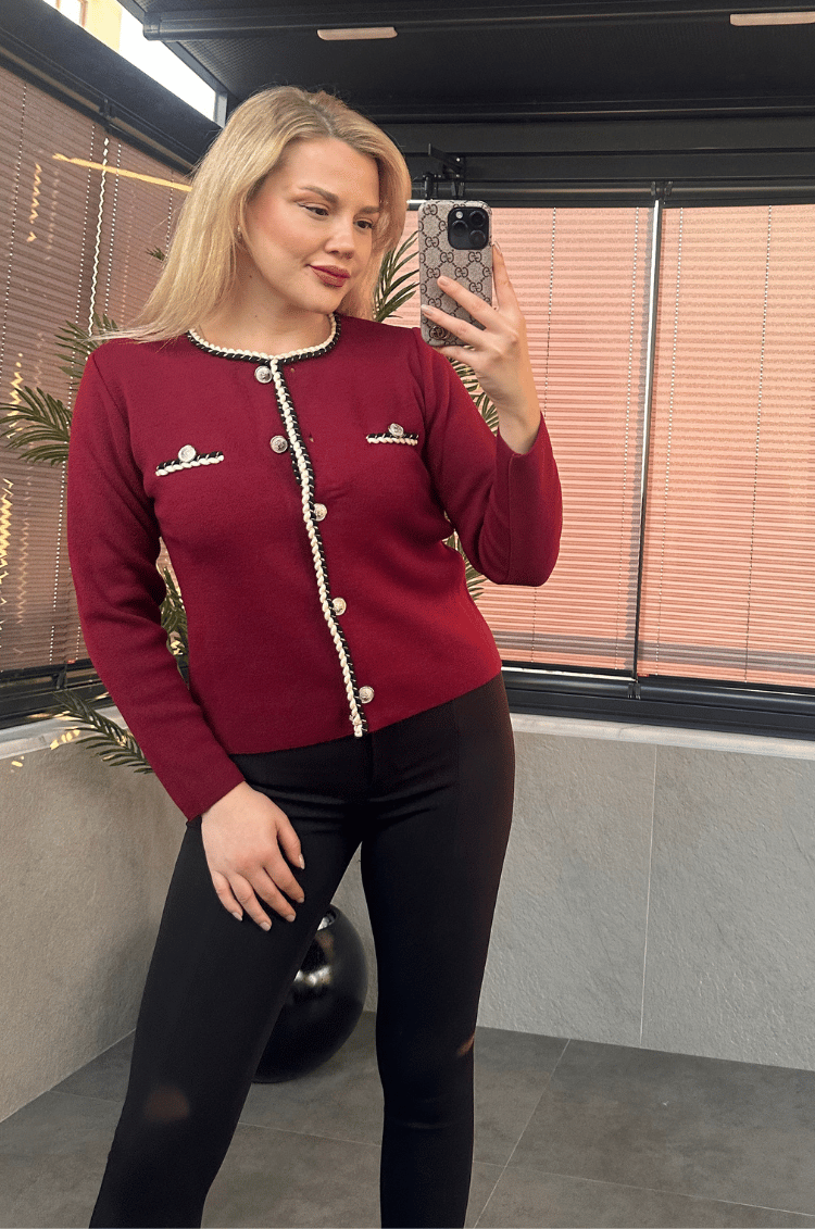 Burgu Şeritli Özel İşleme Düğmeli Bordo Hırka