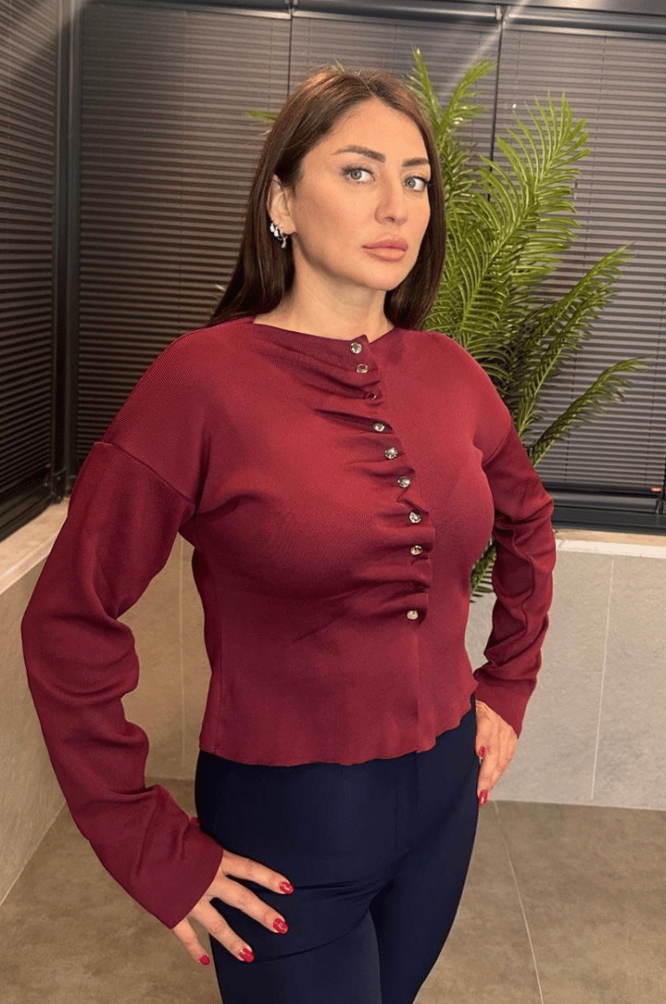 Büzgü Detaylı Bordo Triko Hırka