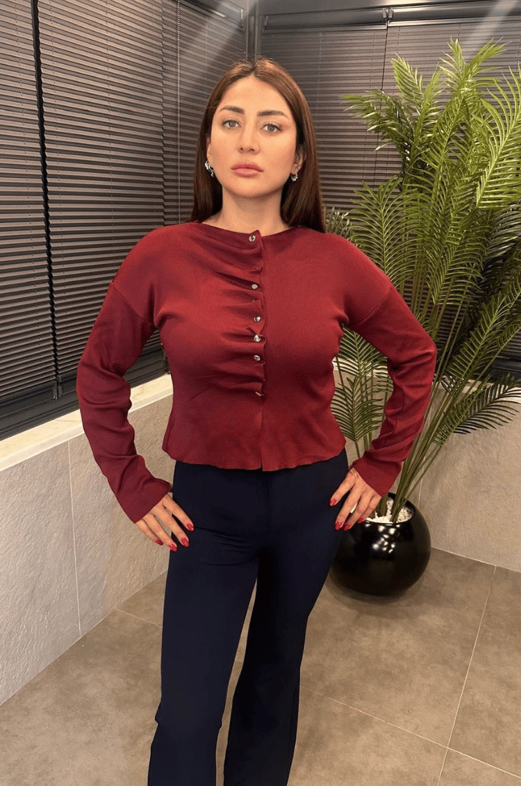 Büzgü Detaylı Bordo Triko Hırka