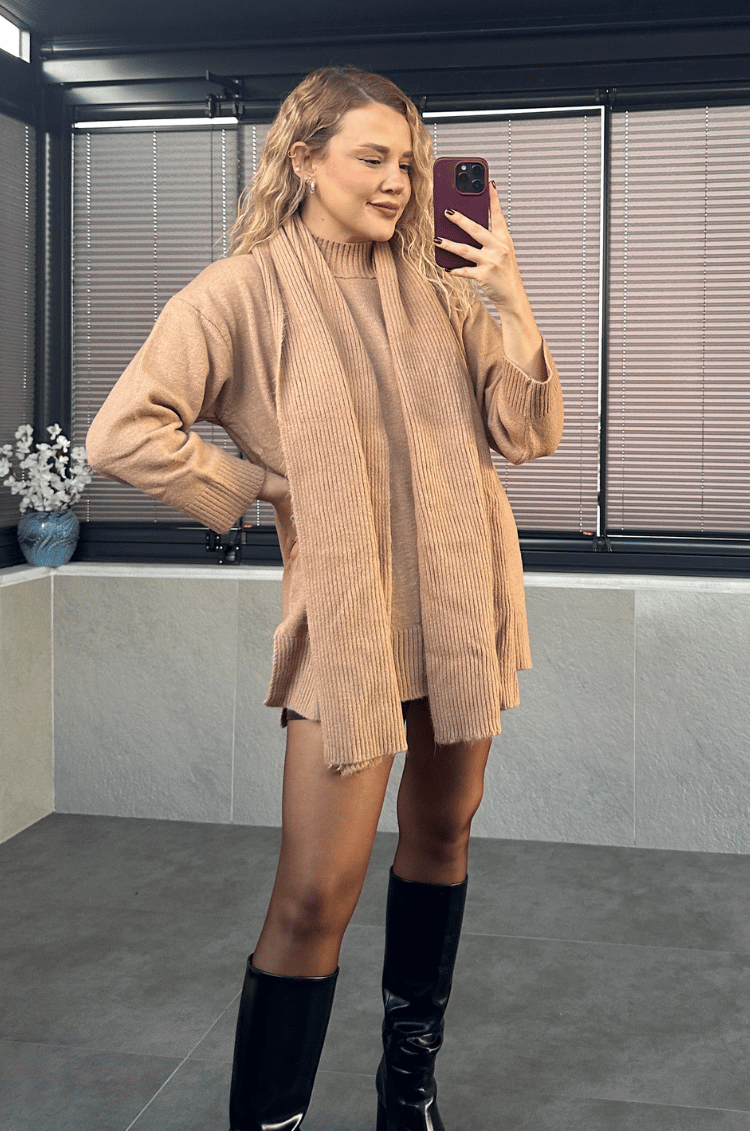 Camel Bisiklet Yaka Atkılı Oversize Kazak