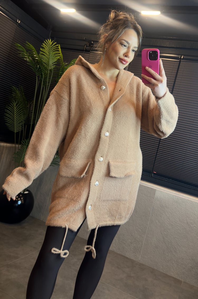 Camel Kapüşonlu Cep Detaylı Peluş Uzun Hırka