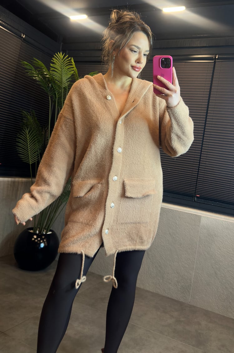 Camel Kapüşonlu Cep Detaylı Peluş Uzun Hırka