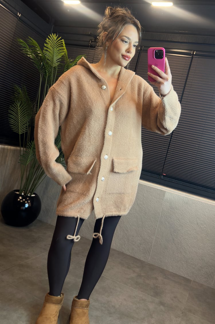 Camel Kapüşonlu Cep Detaylı Peluş Uzun Hırka