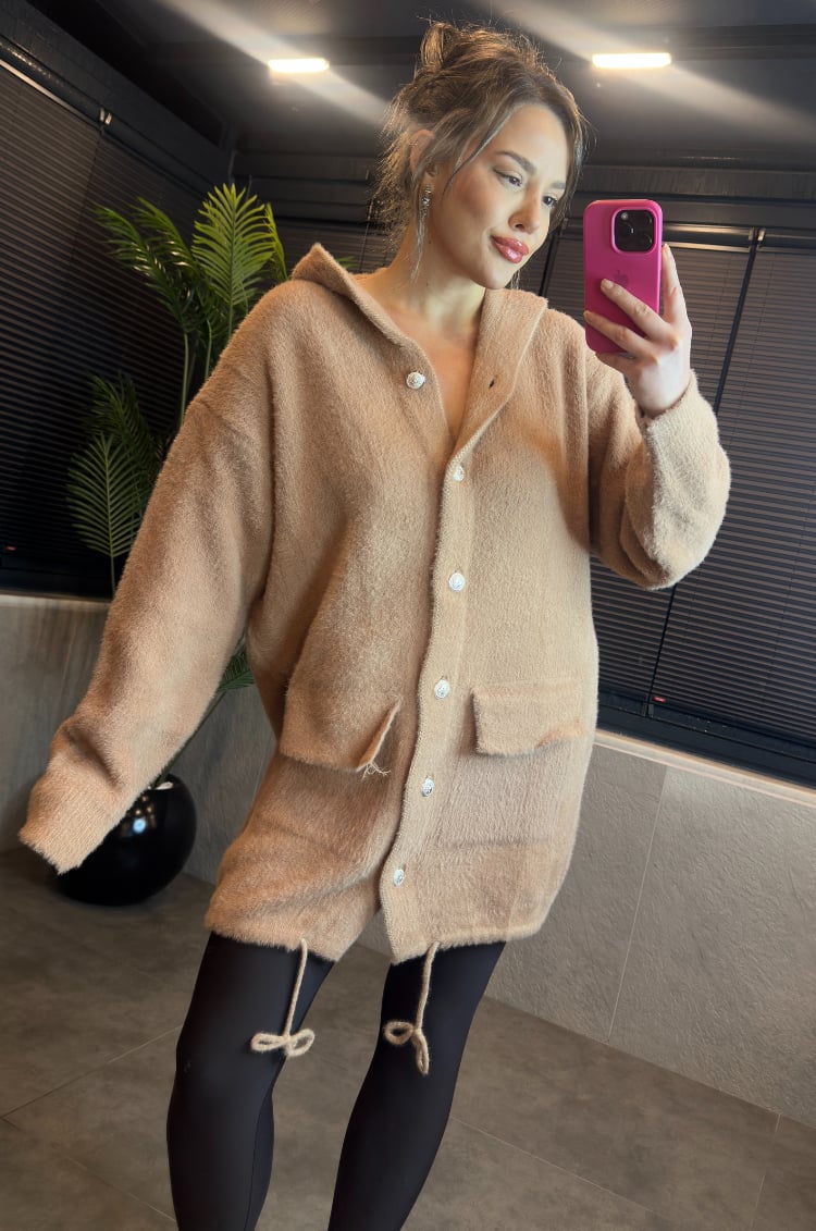 Camel Kapüşonlu Cep Detaylı Peluş Uzun Hırka