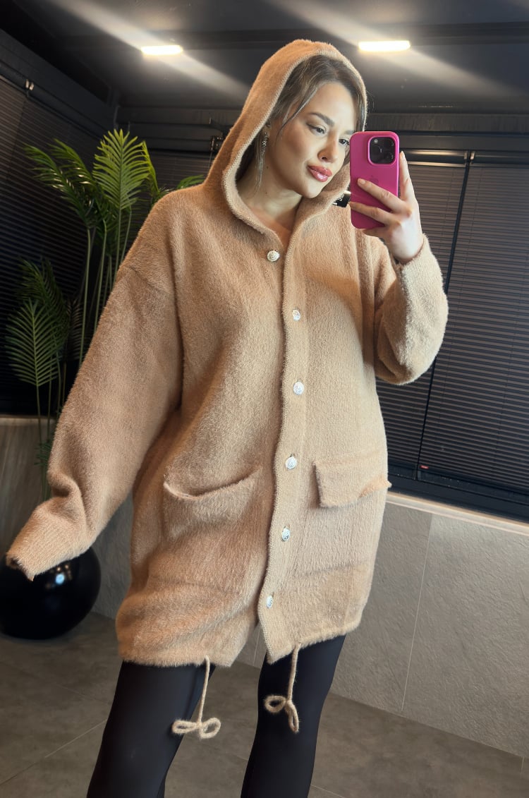 Camel Kapüşonlu Cep Detaylı Peluş Uzun Hırka
